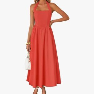 Chic Coral Halter Midi Dress